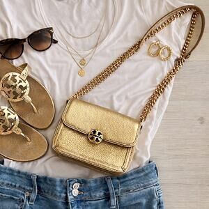 Tory Burch Duet Chain Micro Mini Crossbody Gold Pebbled Leather NWOT